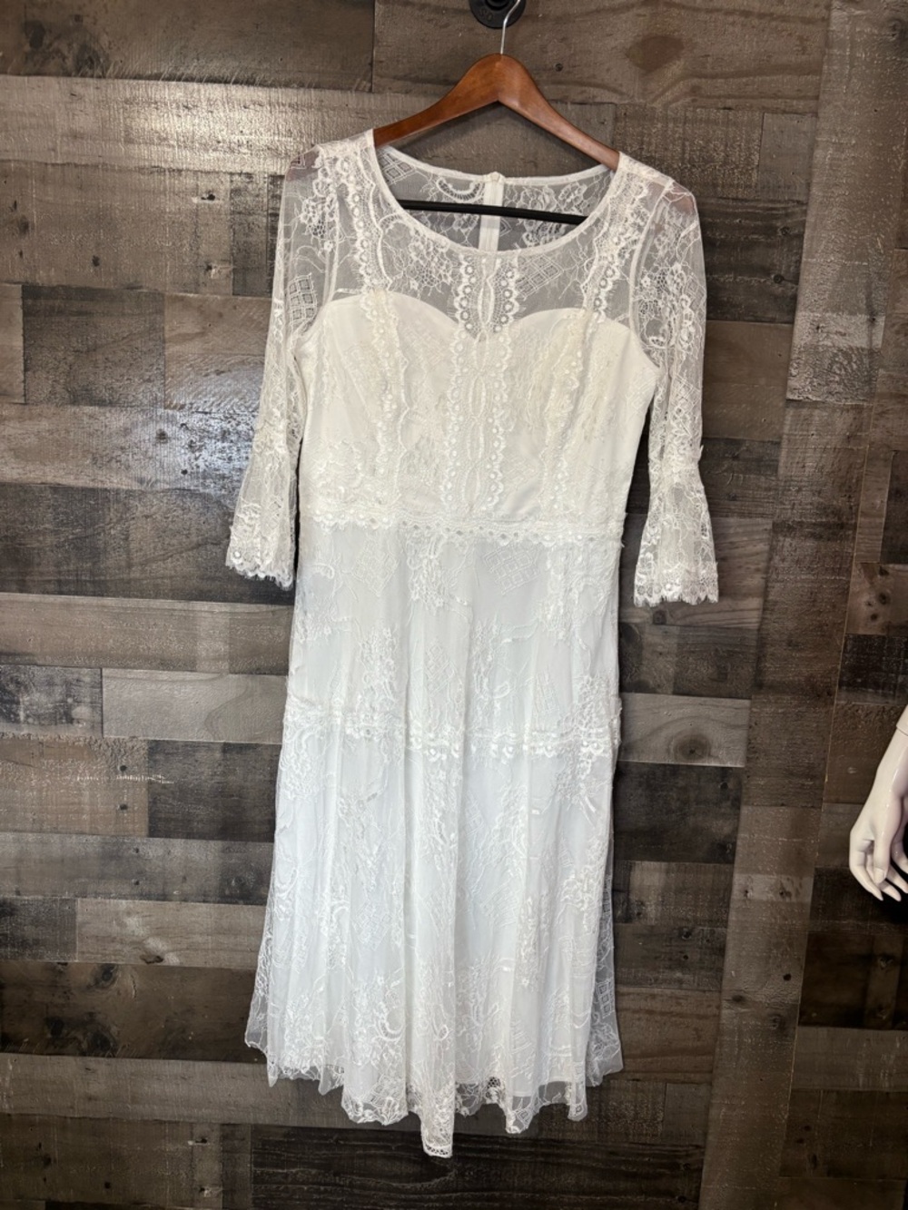 NWT Ever Pretty White Lace Midi Dress with Sheer Lace Bell Sleeves